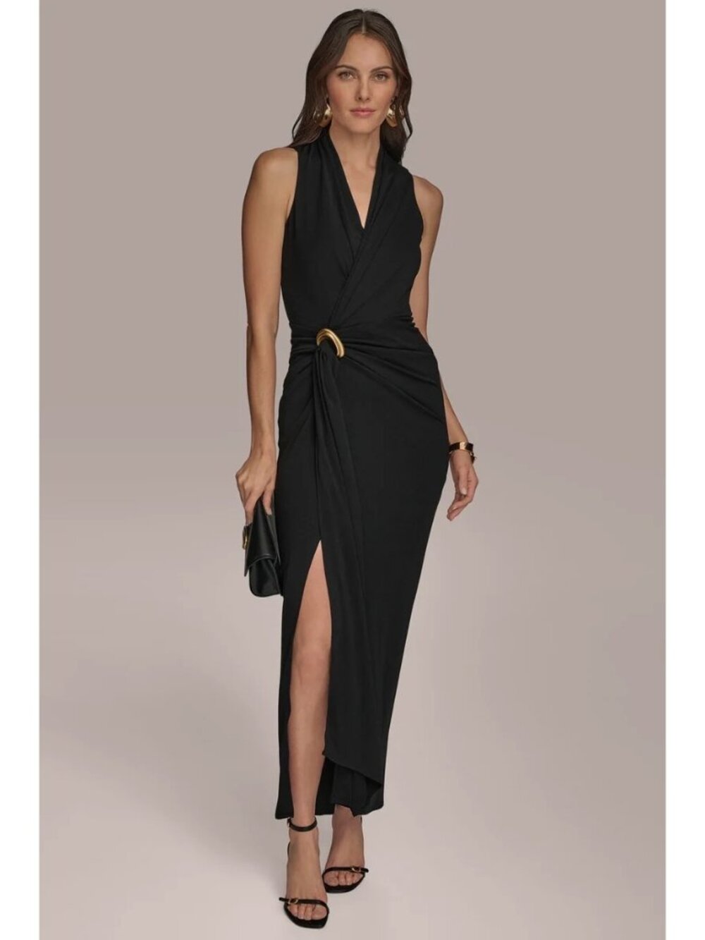 NWT DONNA KARAN WRAP-EFFECT black GOWN maxi dress size 10